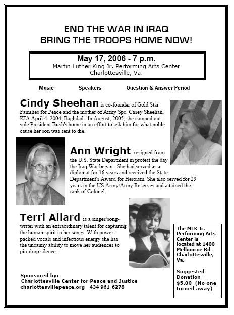 Cindy Sheehan and Ann Wright to Speak in Charlottesville, VA