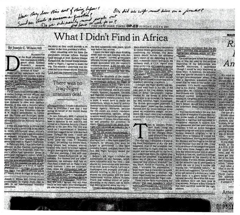 A copy of Joseph Wilson's July 6, 2003 New York Times Op-Ed with Handwritten Notes by Vice President Cheney