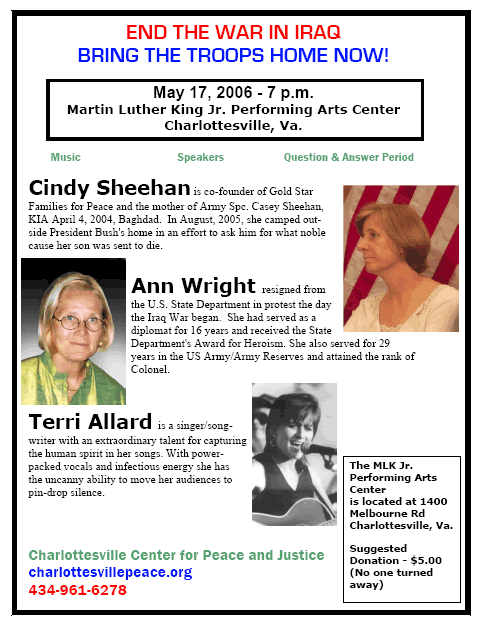 Cindy Sheehan and Ann Wright to Speak on May 17